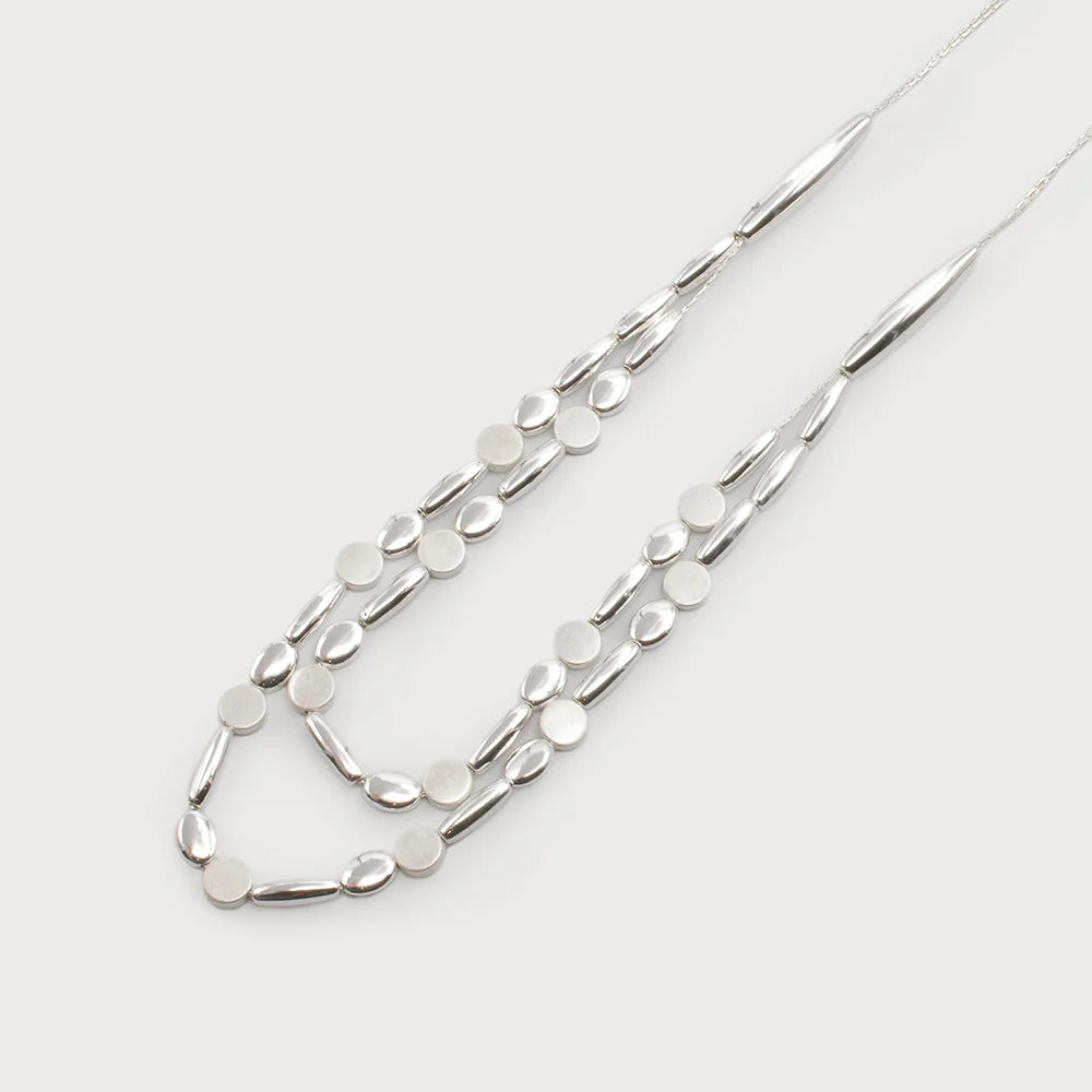 Caracol Double Silver Short Necklace with Flat Discs & Elongated Beads