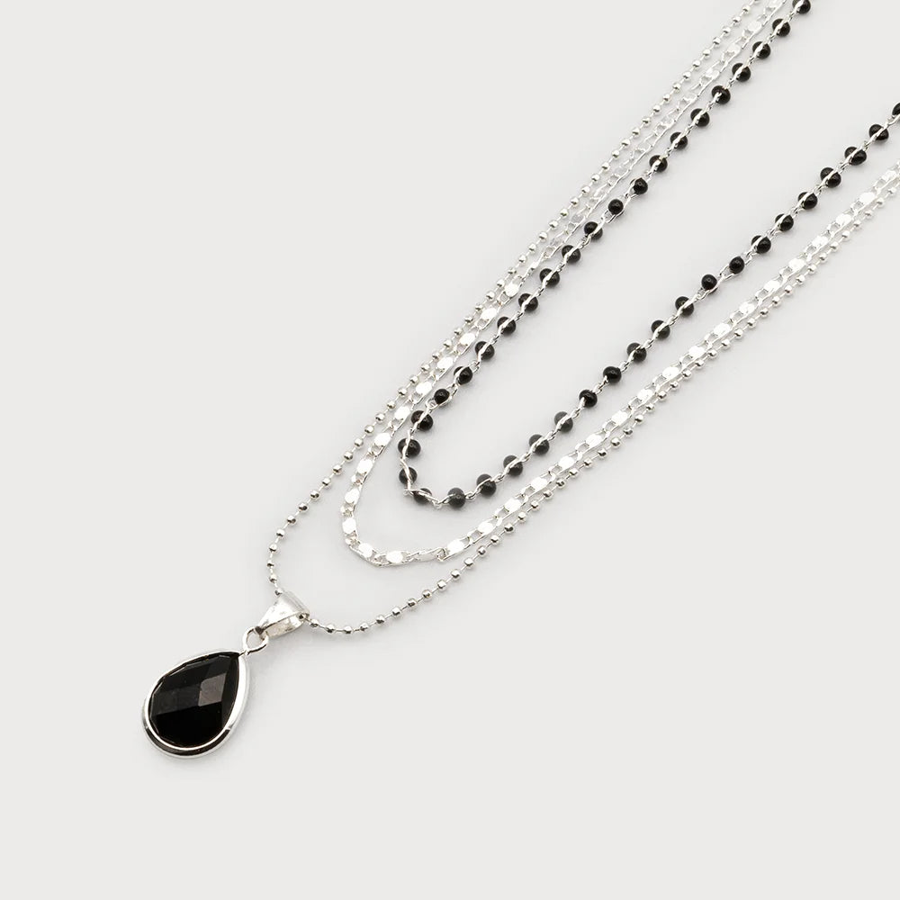 Caracol Triple Layer Necklace with Black Crystal Teardrop