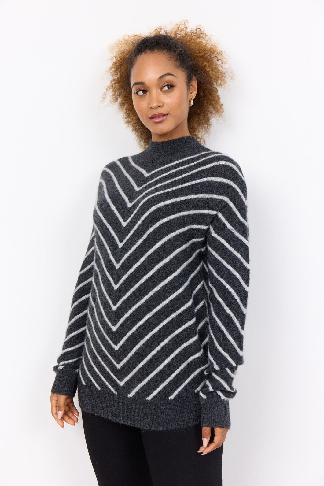 Soyaconcept Nessie Stripe Dark Grey Melange & Light Grey Chevron Stripe Sweater - Wool Blend