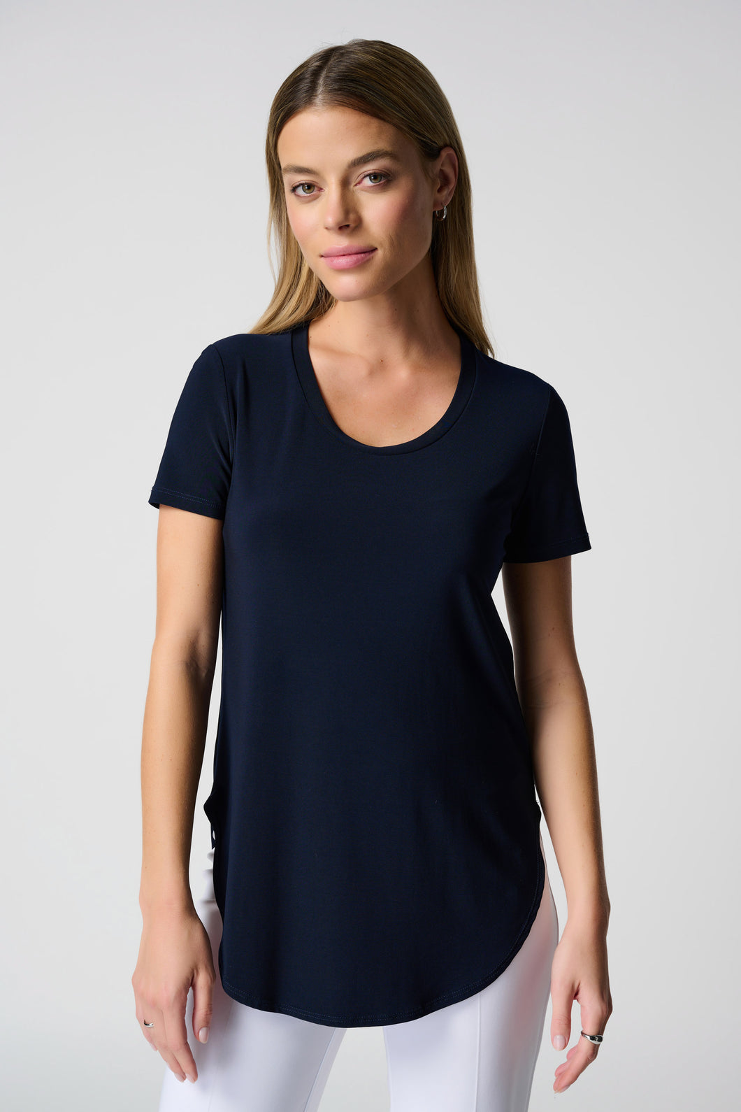 Joseph Ribkoff Classic Short Sleeve Scoop Neck T-Shirt in Midnight Blue or Black