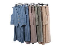 Load image into Gallery viewer, Bella Amore Linen Two Piece Striped Sets (Vest &amp; Pant) in Blue, Army &amp; Camel
