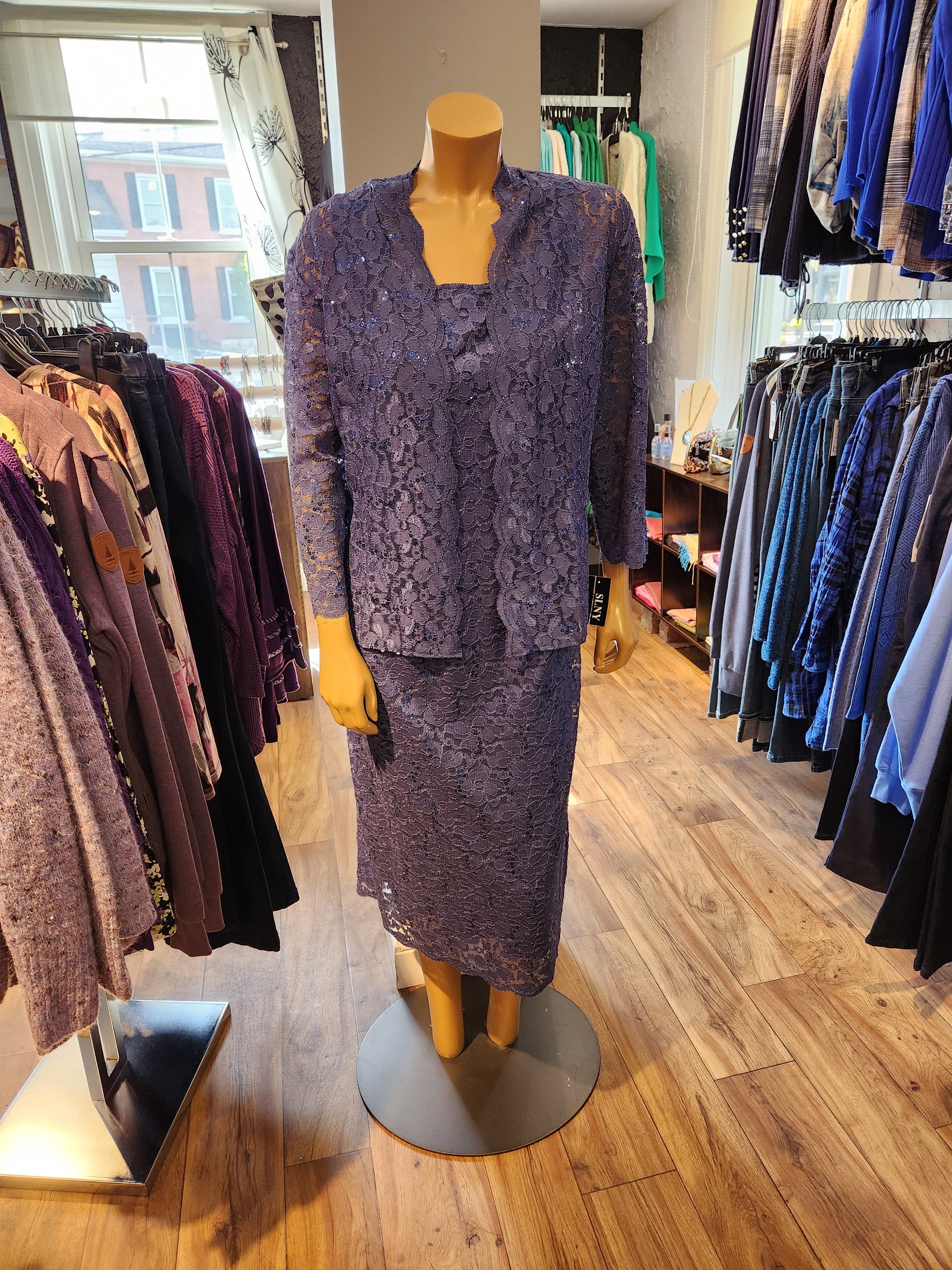 slim fit dress slacks SL Fashions Petite Sequined Lace Cap-Sleeve Dress - Navy