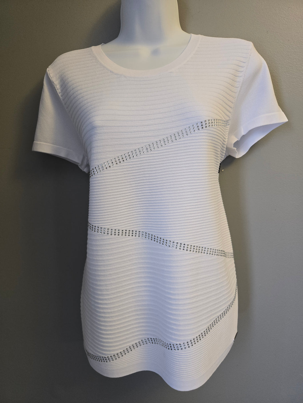 Picadilly Textured White Knitted Short Sleeve Round Neck Top with Rhinestones