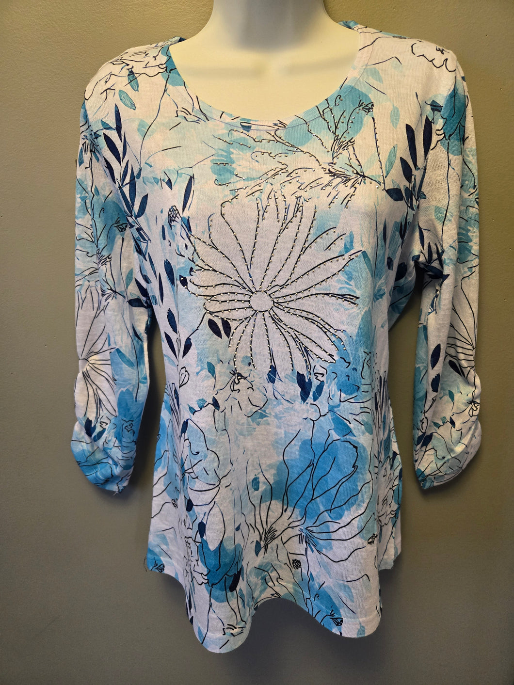 Moffi White, Turquoise & Blue Print 3/4 Ruched Sleeve Top with Sparkles