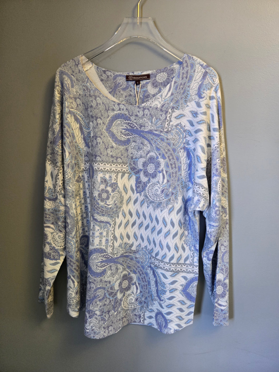 Variations Blue Multi Round Neck Print Pullover Sweater
