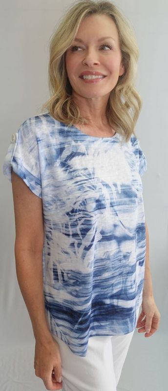 Soft Works Denim & White Print Round Neck Cap Sleeve Top with Button Detail