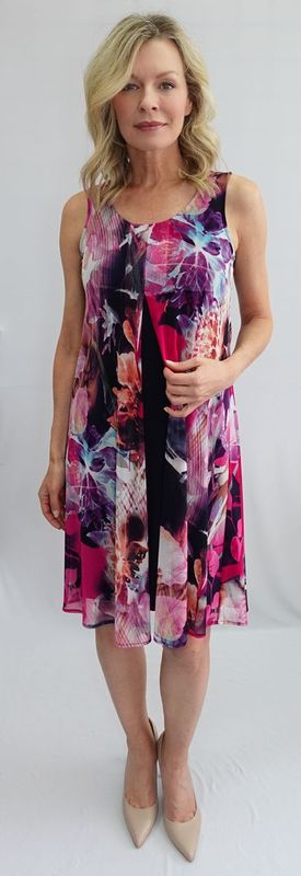 Soft Works Pink Multi Sleeveless Overlay Dress with Front Slit