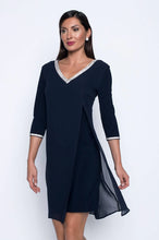 Load image into Gallery viewer, Frank Lyman Short 3/4 Sleeve V-Neck Midnight Blue Dress with Silver Jewelled Trim
