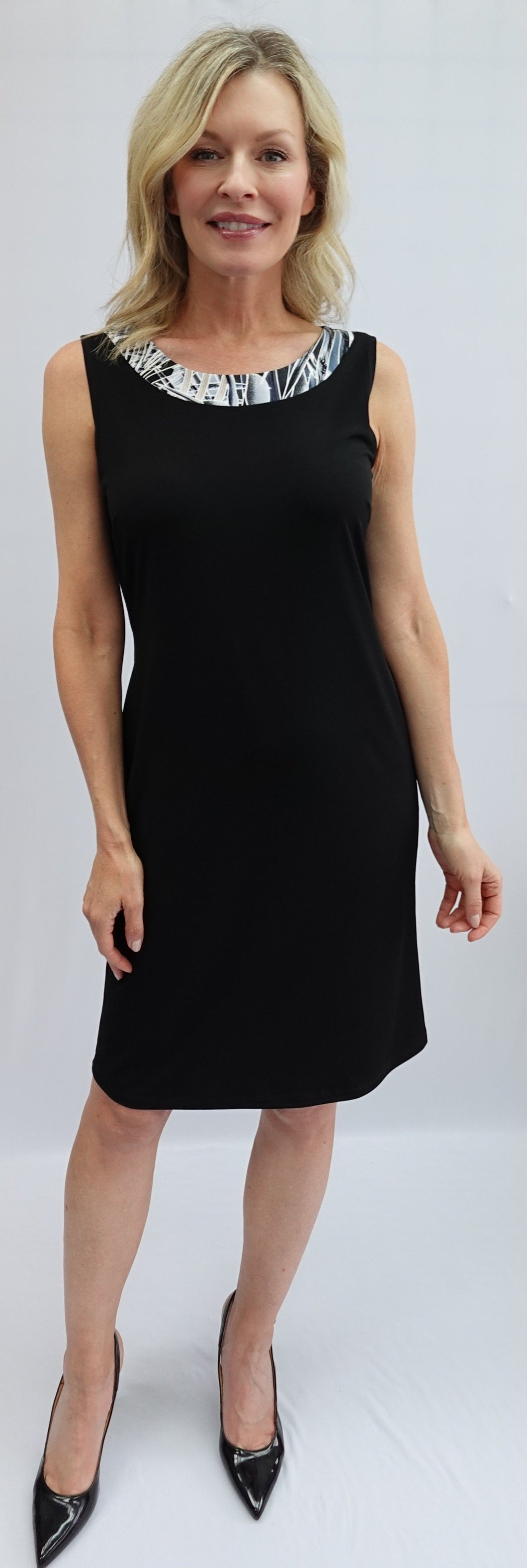 Soft Works Black Sleeveless Dress with Blue/Tan & White Leaf Print Trim Neckline