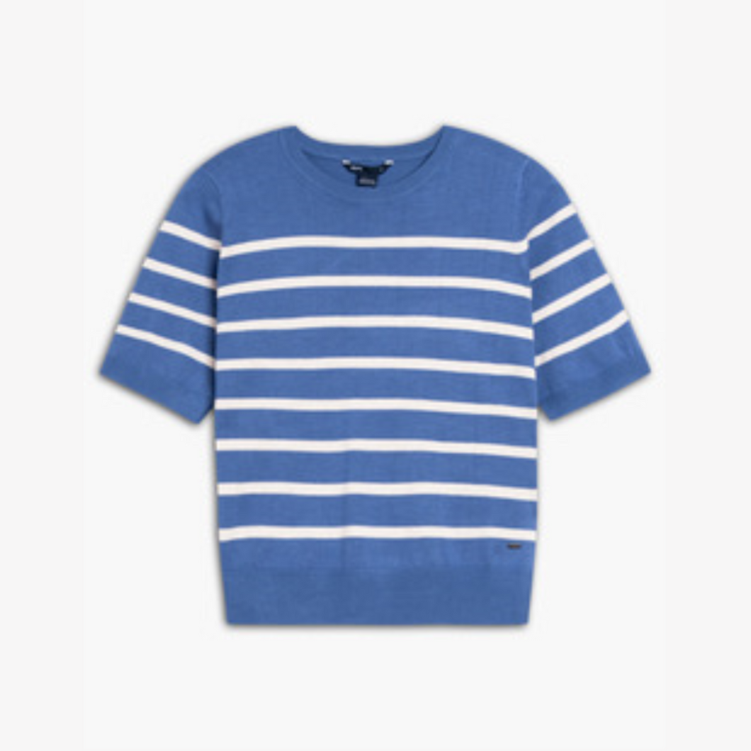 Lois Mariane Azure Blue & Beige Stripe Short Sleeve Round Neck Cotton Blend Sweater
