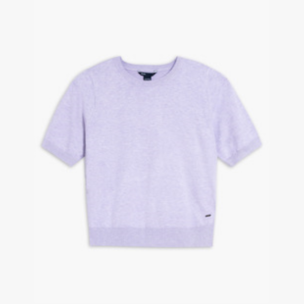 Lois Short Sleeve Round Neck Cotton Blend Sweater with Ribbed Detail in Lilac, Pink & Sand