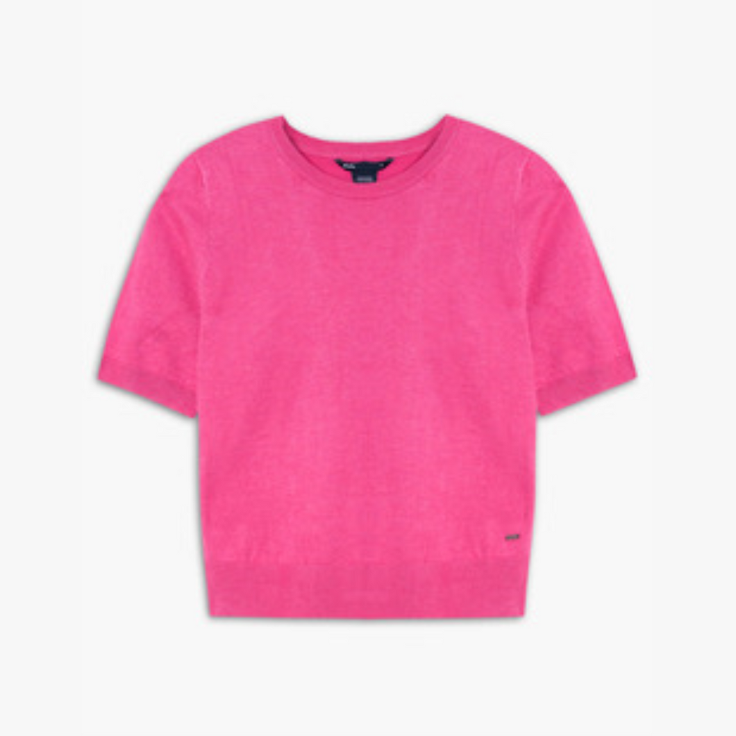 Lois Short Sleeve Round Neck Cotton Blend Sweater with Ribbed Detail in Lilac, Pink & Sand