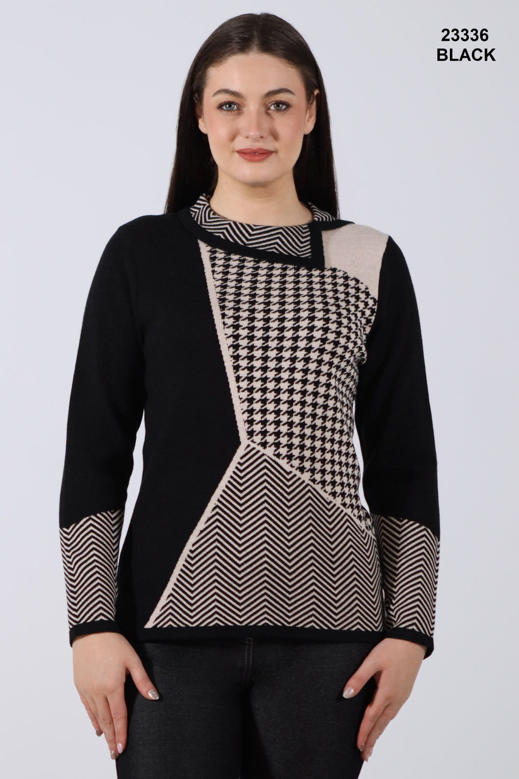 Moffi Black & Cream Print Sweater with Split Collar