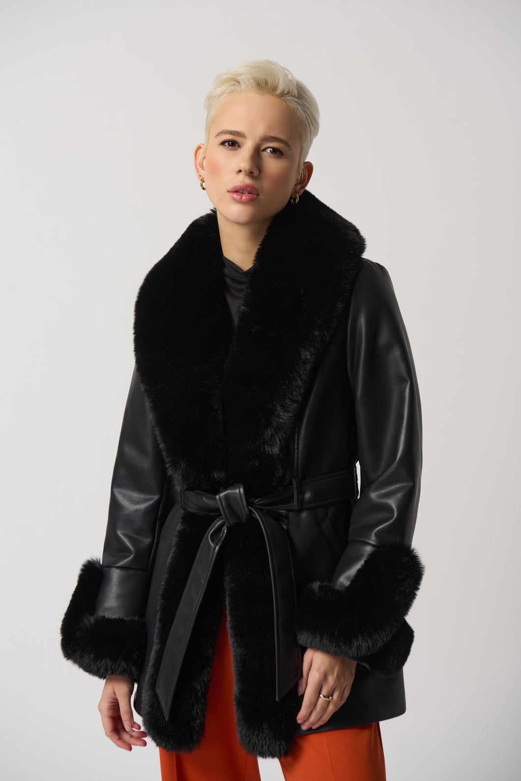 Joseph Ribkoff Black Leatherette Coat With Faux Fur