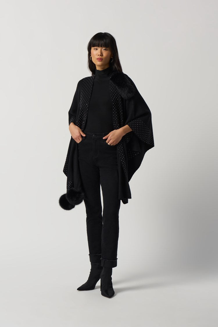 Joseph Ribkoff Black Faux Fur Pom Pom Cape with Stud Detail- One Size