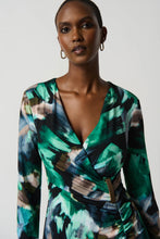 Load image into Gallery viewer, Joseph Ribkoff Black Multi Abstract Print Silky Knit Wrap Dress With Ornament
