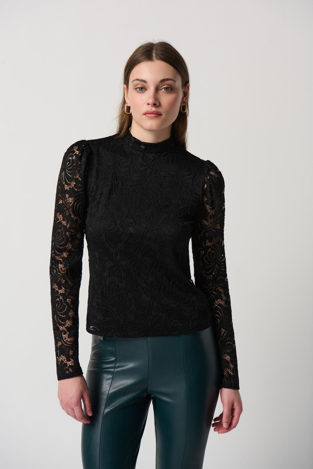 Joseph Ribkoff Black Lace Fitted Top With Long Puff Sleeves