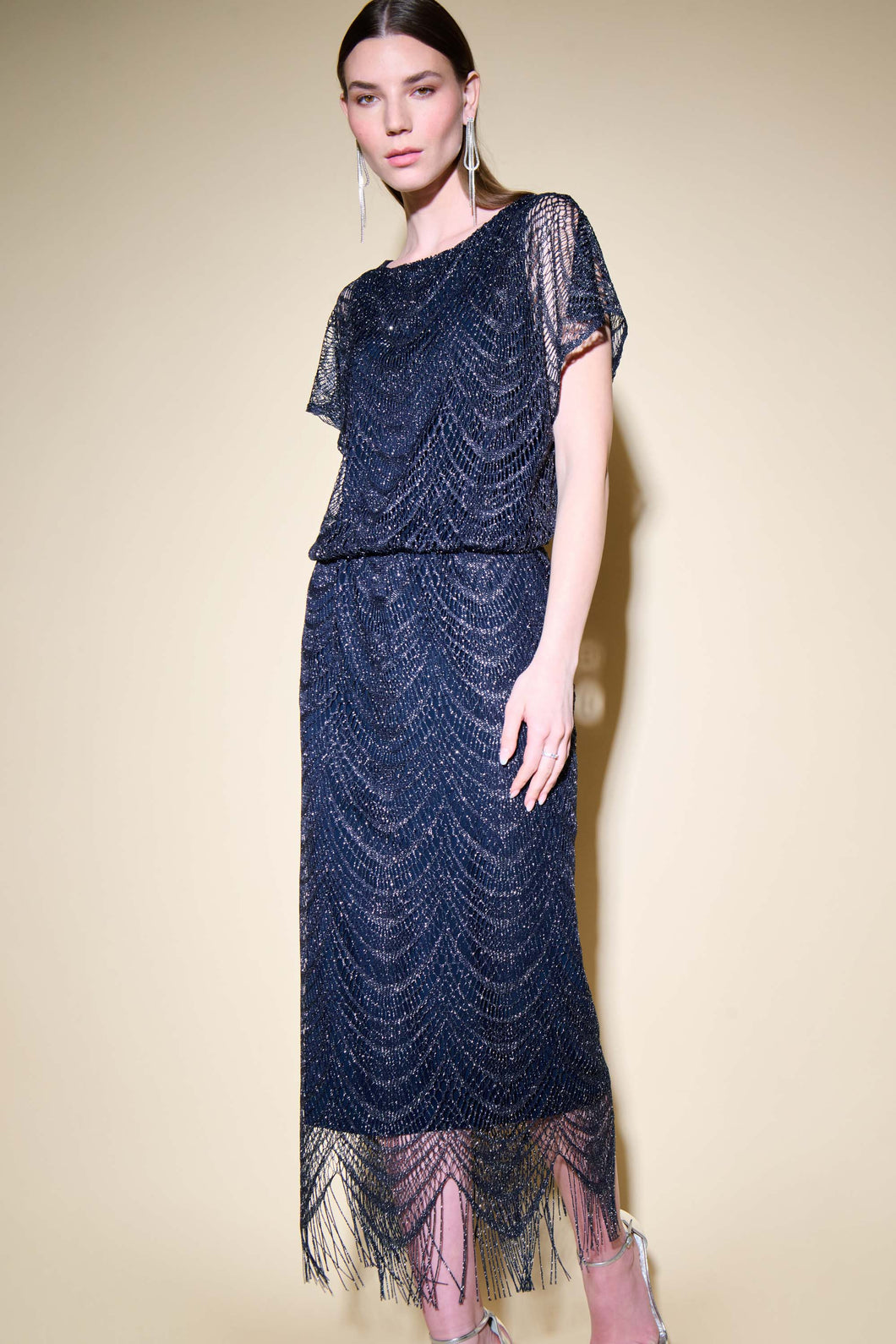 Joseph Ribkoff Navy/Silver Lurex Lace Straight Dress With Fringe Hemline
