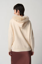 Load image into Gallery viewer, Joseph Ribkoff Almond Sweater With Faux Fur Hood And Pompoms
