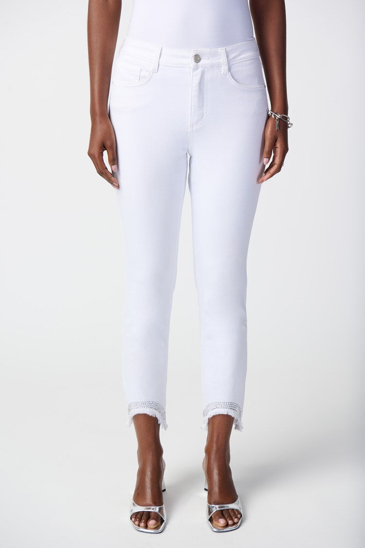 Joseph RIbkoff White Cropped Denim Jeans with Embellished Frayed Hem