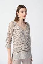 Load image into Gallery viewer, Joseph Ribkoff Beige V-Neck Open Stitch 3/4 Sleeve Sweater with Sequins
