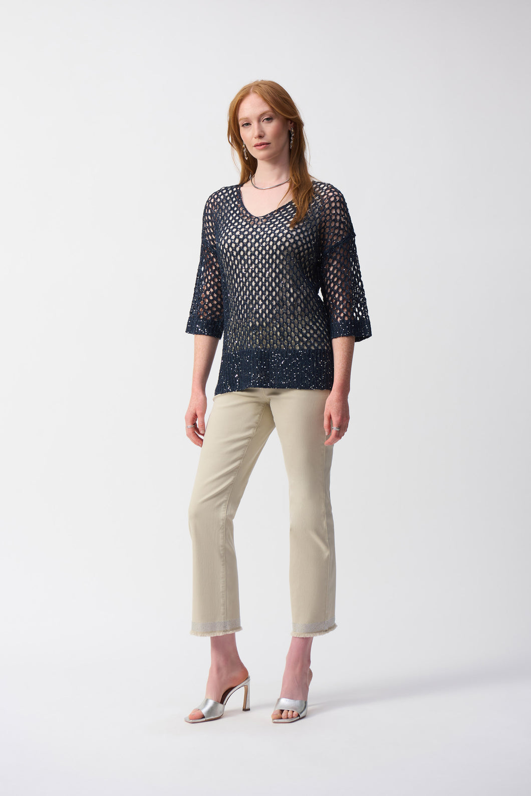 Joseph Ribkoff V-Neck Open Stitch 3/4 Sleeve Sweater with Sequins