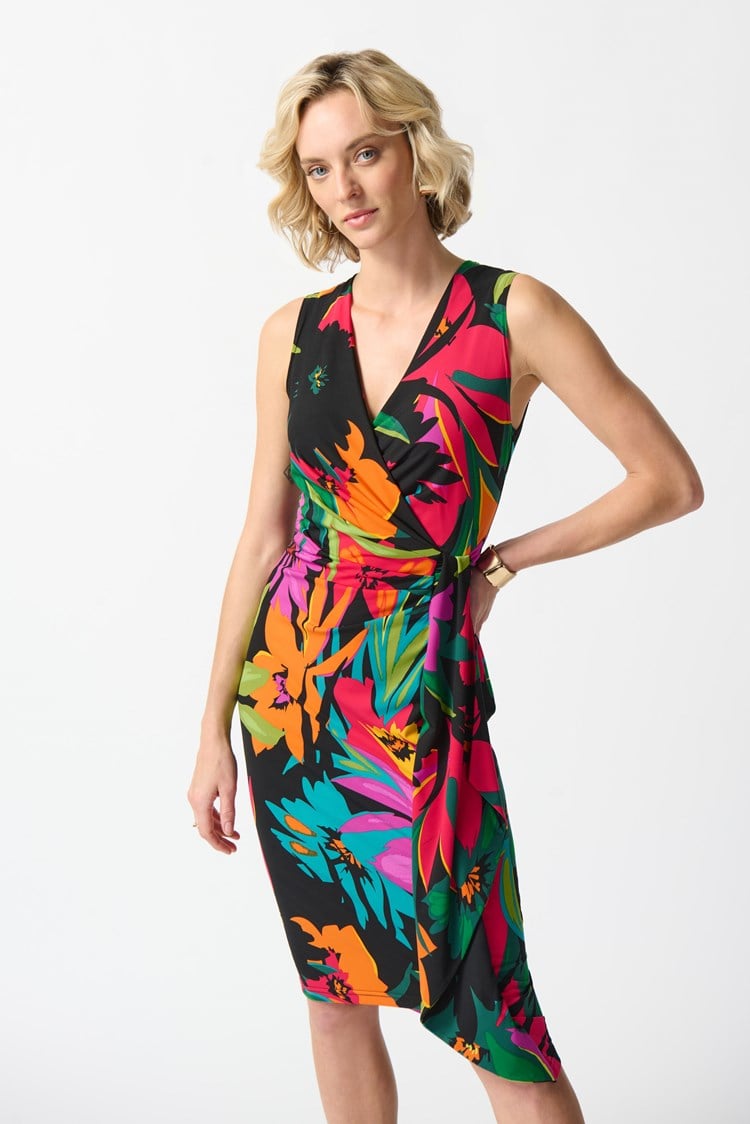 Joseph Ribkoff Black Multi Silky Knit Tropical Print Sleeveless Wrap Dress