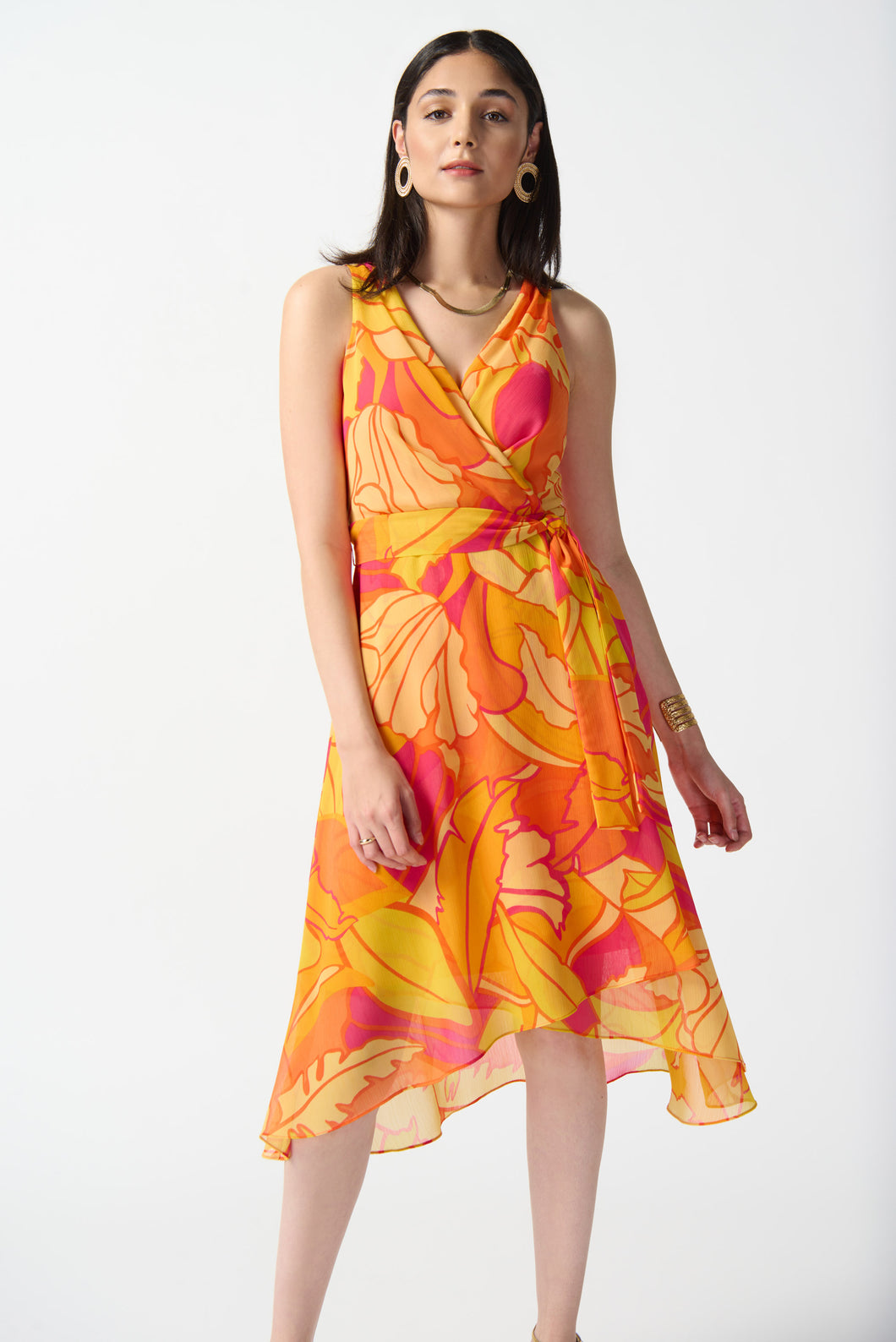 Joseph Ribkoff Pink Multi Chiffon Tropical Print Fit and Flare Dress