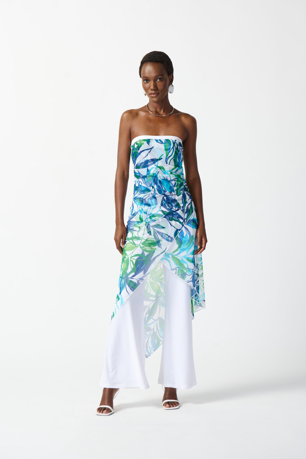 Joseph Ribkoff Vanilla Multi Mesh And Silky Knit Tropical Print Jumpsuit