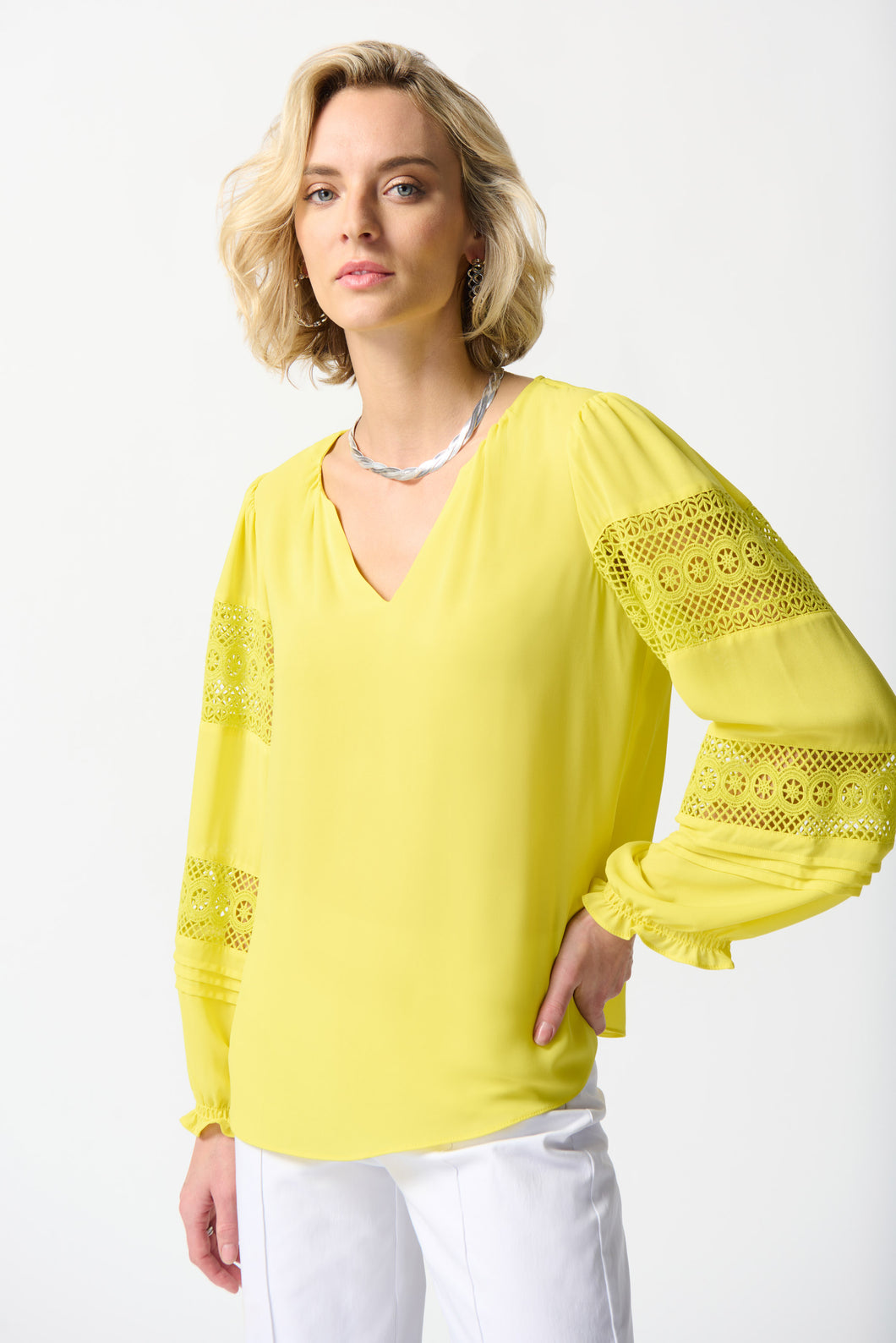 Joseph Ribkoff Georgette Puff Sleeve V-Neck Top in Sunlight or Mandarin