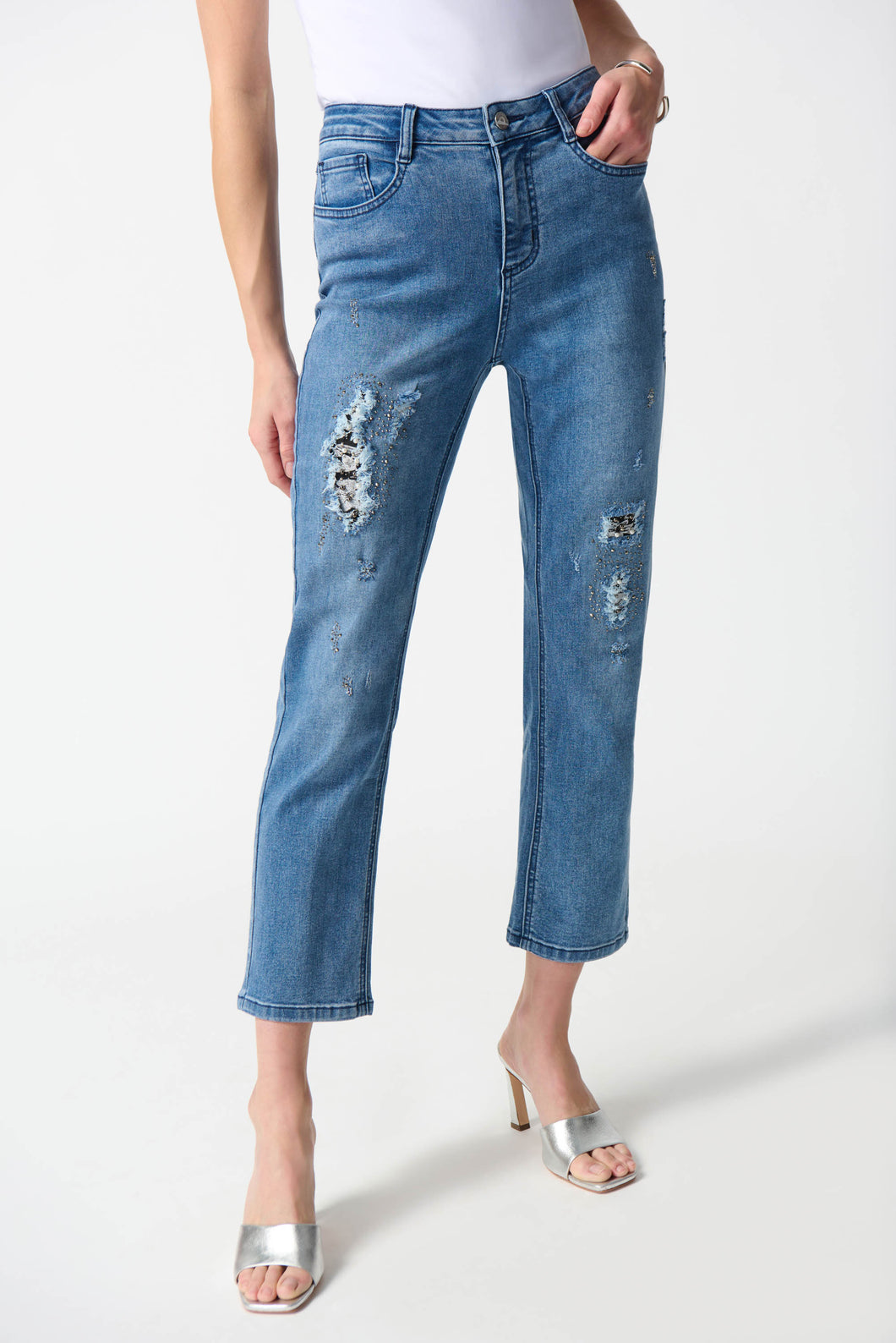 Joseph Ribkoff Denim Medium Blue Slim Fit Cropped Embellished Jeans
