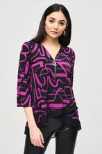 Load image into Gallery viewer, Joseph Ribkoff Black &amp; Empress (Fuchsia) Silky Knit Abstract Print Flared Top
