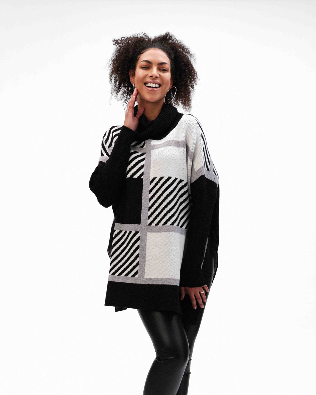 Funsport Black, White & Grey Colour Block & Striped Oversized Turtleneck Sweater