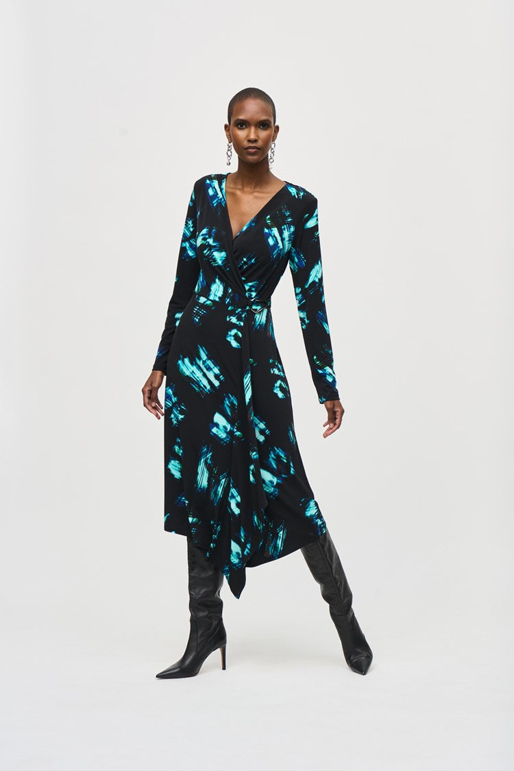 Joseph Ribkoff Black Multi Silky Knit Print Wrap Dress
