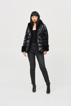 Load image into Gallery viewer, Joseph Ribkoff Black Reversible Faux Fur Puffer Coat with Hood
