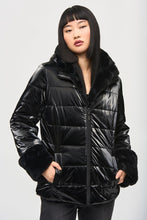 Load image into Gallery viewer, Joseph Ribkoff Black Reversible Faux Fur Puffer Coat with Hood
