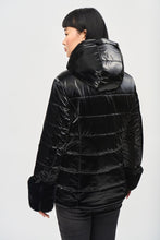 Load image into Gallery viewer, Joseph Ribkoff Black Reversible Faux Fur Puffer Coat with Hood
