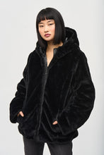 Load image into Gallery viewer, Joseph Ribkoff Black Reversible Faux Fur Puffer Coat with Hood
