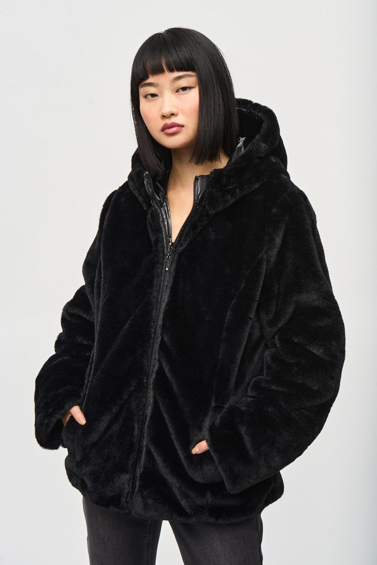 Joseph Ribkoff Black Reversible Faux Fur Puffer Coat with Hood