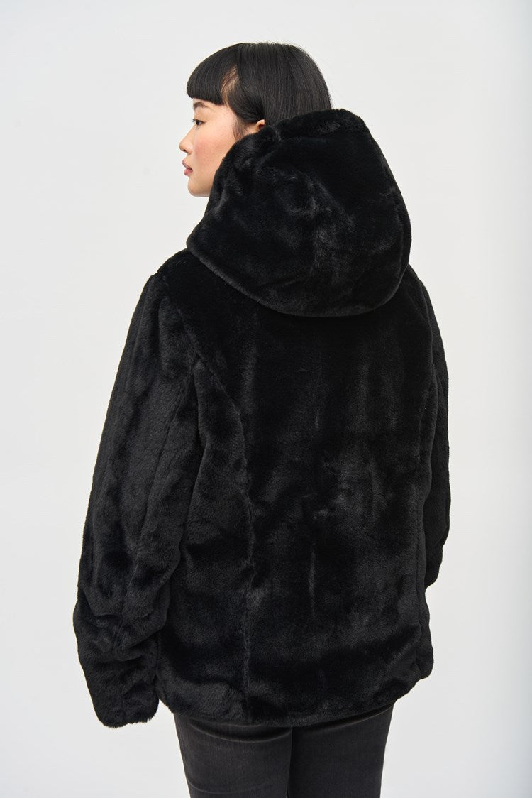 Joseph Ribkoff Black Reversible Faux Fur Puffer Coat with Hood Style Boutique