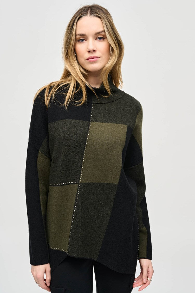 Joseph Ribkoff Iguana & Black Colour Block Jacquard Knit Pullover Sweater