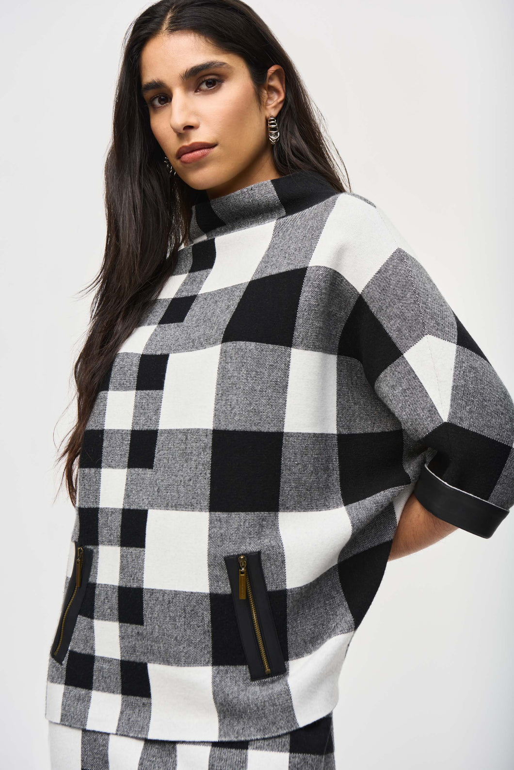 Joseph Ribkoff Black Vanilla Plaid Jacquard Knit Sweater