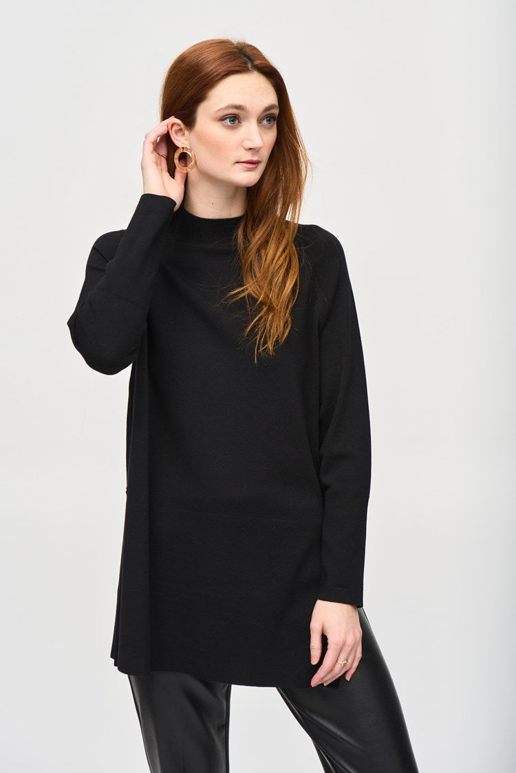 Joseph Ribkoff Black Knit Sweater Mock Neck Tunic with Side Slits