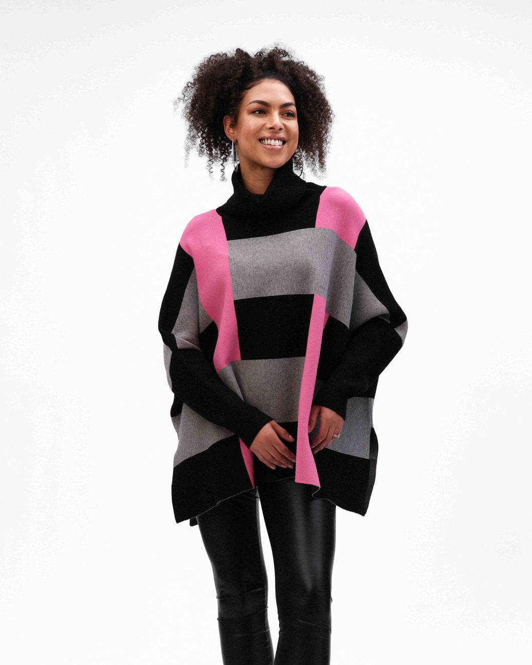 Funsport Pink, Grey & Black Colour Block Turtleneck Poncho with Side Slits