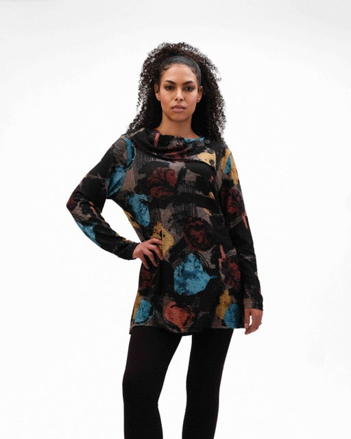 Funsport Black Multi-Colour Split Cowl Neck Tunic Top with Button Detail