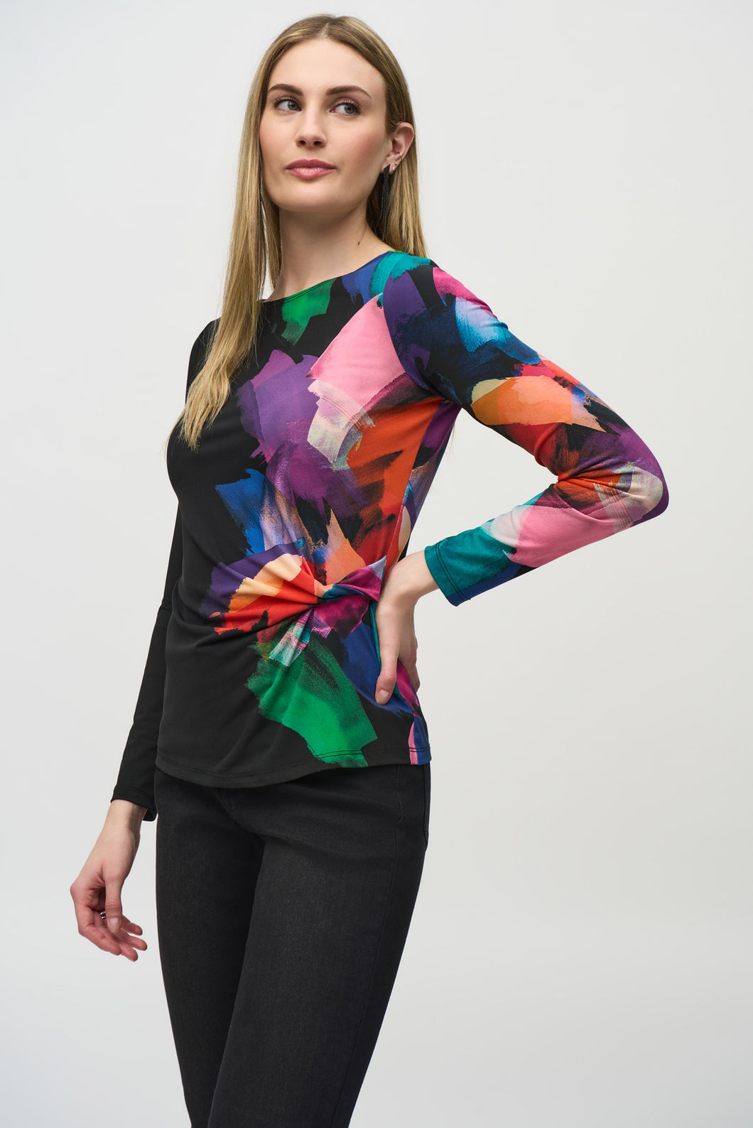 Joseph Ribkoff Black Multi Silky Knit Abstract Placement Print Top