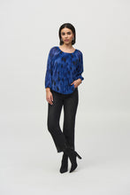 Load image into Gallery viewer, Joseph Ribkoff Royal Sapphire Multi Pleated Knit Abstract Print Flared Top
