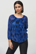 Load image into Gallery viewer, Joseph Ribkoff Royal Sapphire Multi Pleated Knit Abstract Print Flared Top
