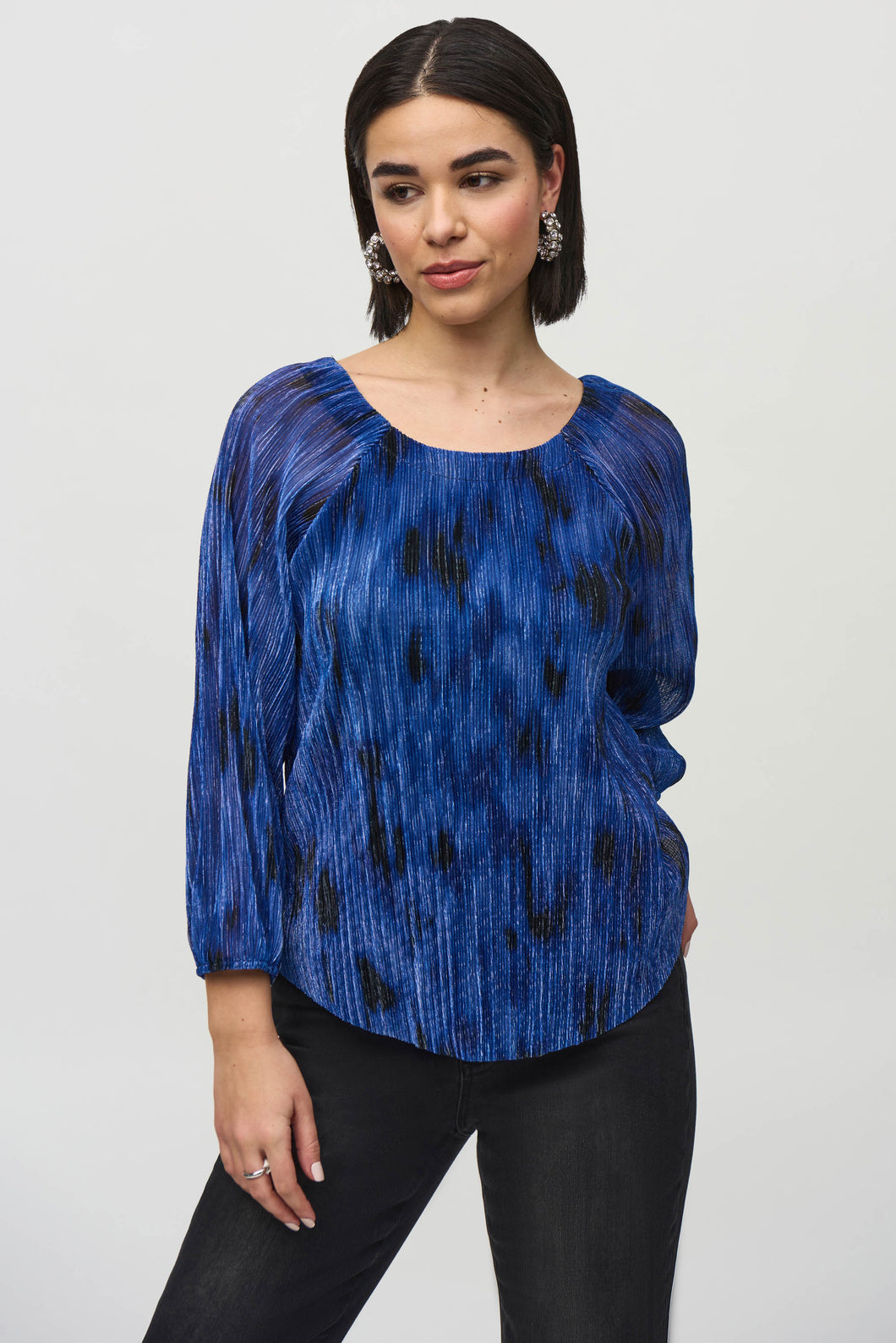 Joseph Ribkoff Royal Sapphire Multi Pleated Knit Abstract Print Flared Top