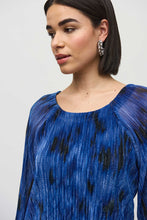 Load image into Gallery viewer, Joseph Ribkoff Royal Sapphire Multi Pleated Knit Abstract Print Flared Top
